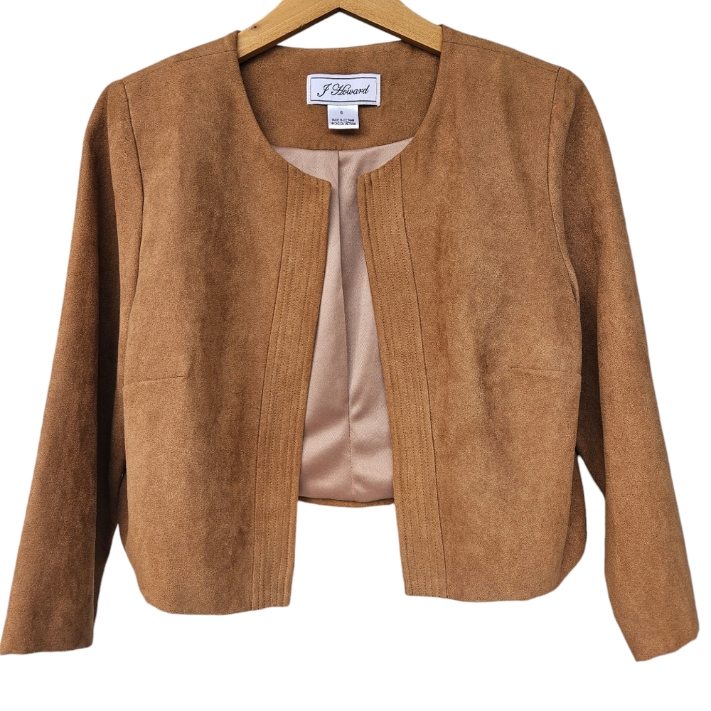 Jessica Howard Collarless Cropped Jacket. 3/4 Sleeves‎ Faux Suede Sz 8